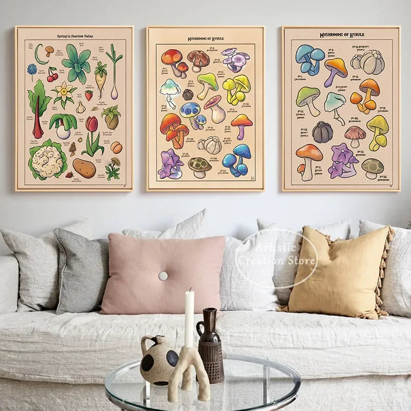 Flora de Hyrule inspirée des jeux vidéo, affiches Koroks, livre sur les plantes du monde des champignons, toile imprimée, images murales, décoration de salle de jeux