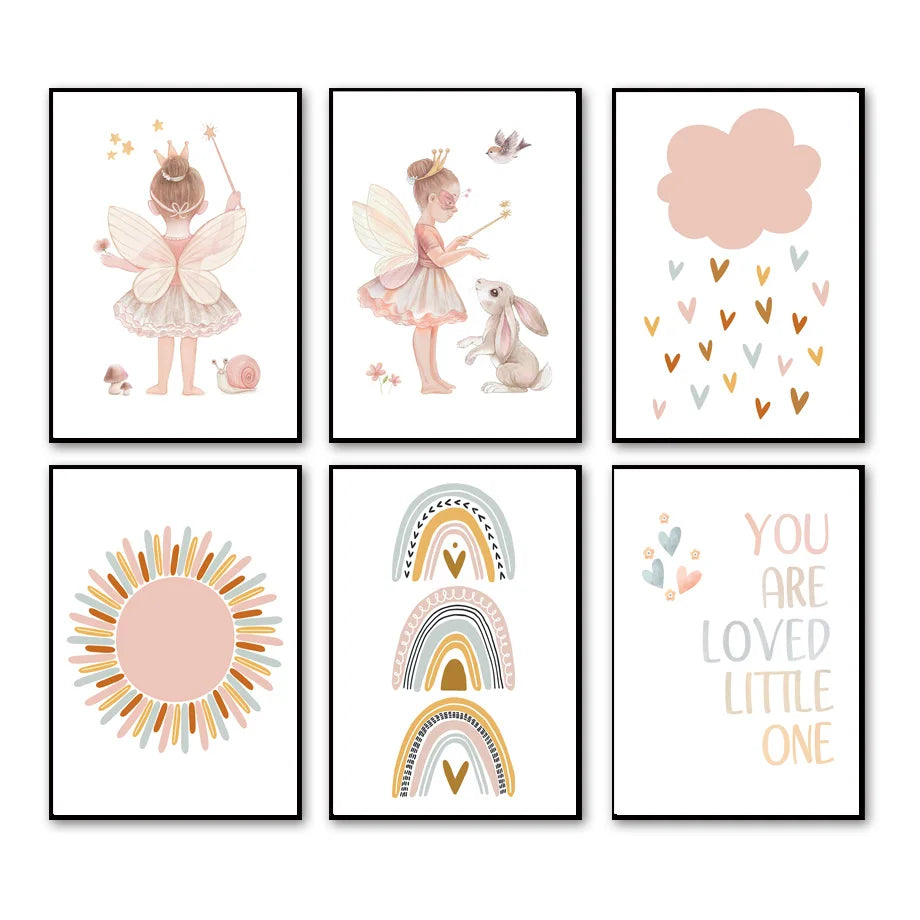 Niñas Ángel Kawaii Conejo Sol Arco Iris Nube Dibujos Animados Carteles Infantiles Pintura en Lienzo Impresión de Arte de Pared Imagen Decoración de Habitación de Bebés Niños
