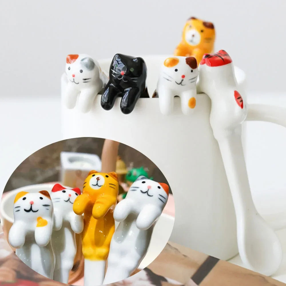 Taza de café de cerámica Ins, cuchara mezcladora para colgar, cuchara de postre para helado, cuchara colgante de gato tridimensional pintada a mano