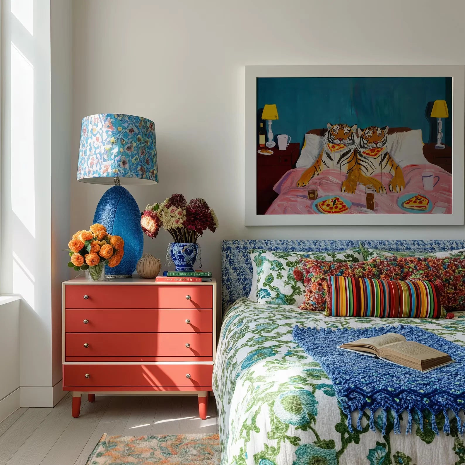 Cuadro de Arte de Pared Tigre Pizza: Arte de Pared Retro Decoración Dopamina, Impresión de Arte de Creatividad, Impresión Grande para el Hogar