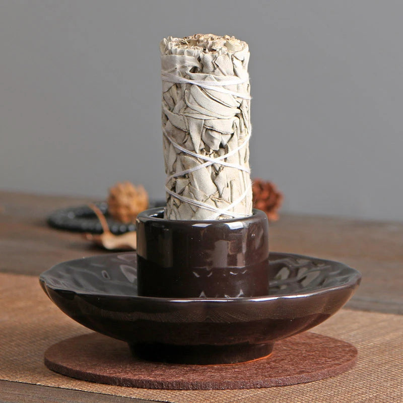 Brûleur d'encens Lotus en céramique pour Palo Santo, porte-encens de sauge, cendrier, plateau attrape-cendres pour la méditation et le yoga