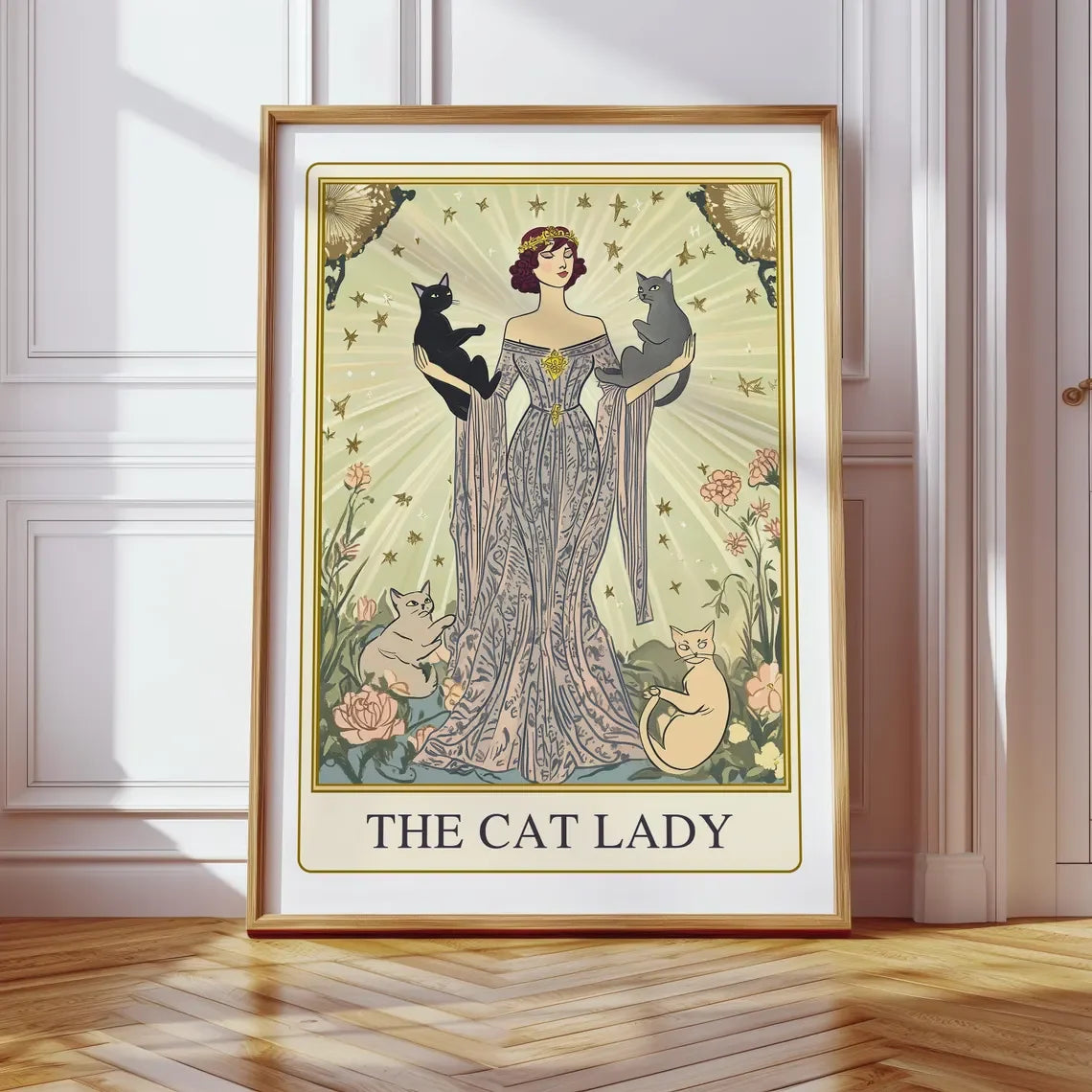 Lámina de Tarot La Dama Gata, Arte de Pared Modernista para Amantes de los Gatos, Póster Vintage de Gatos, Regalo para Mamá Gata, Lámina de Gato Única, Decoración de Apartamento