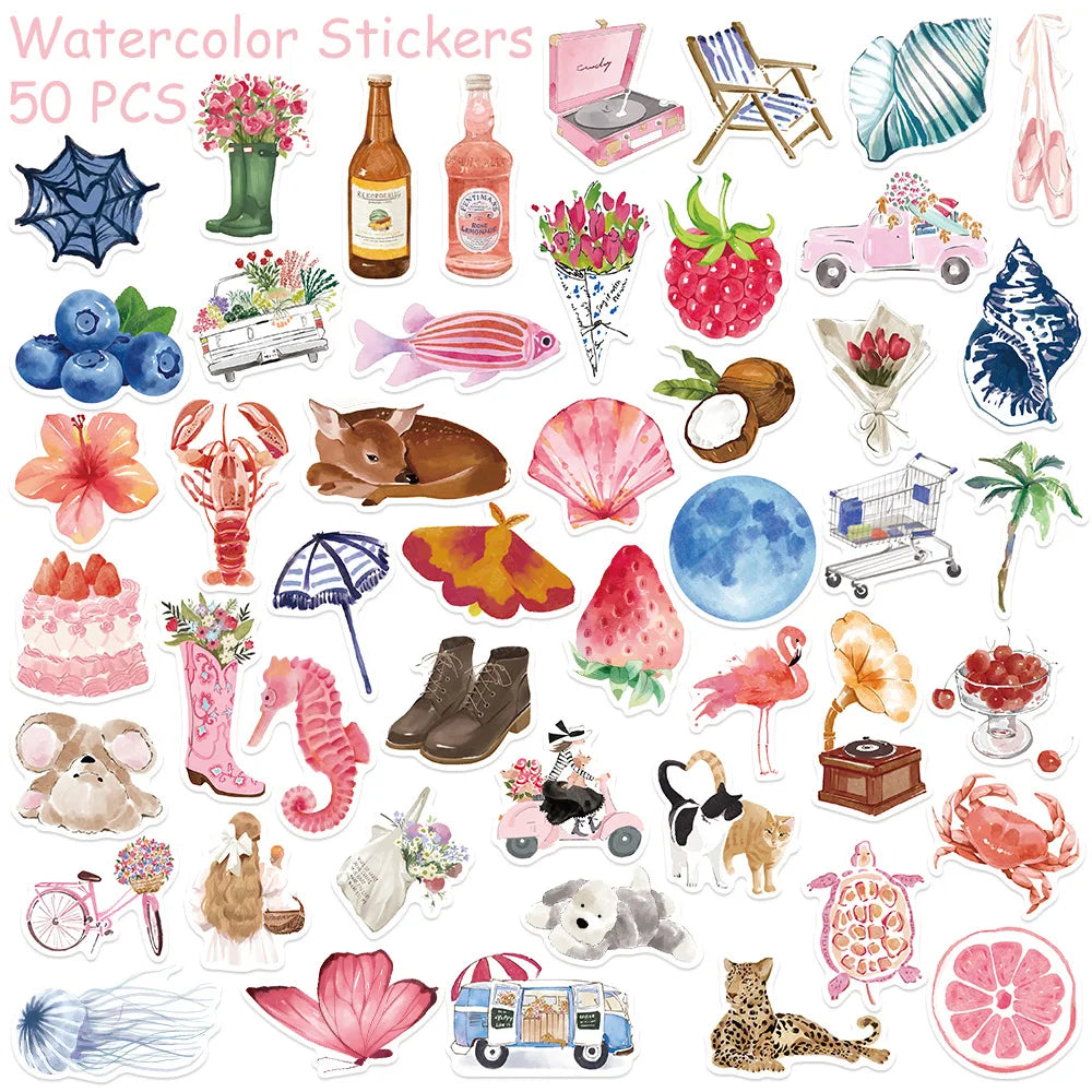 50/100 autocollants aquarelle pour journal, décalcomanies pour téléphone, ordinateur portable, scrapbooking, bagages, casque, graffiti, autocollants esthétiques, cadeaux