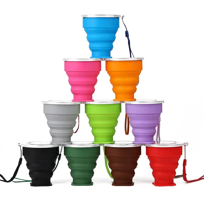 Vaso de agua plegable de silicona portátil resistente al calor para exteriores, taza plegable telescópica con tapa para viajes y camping 200ml