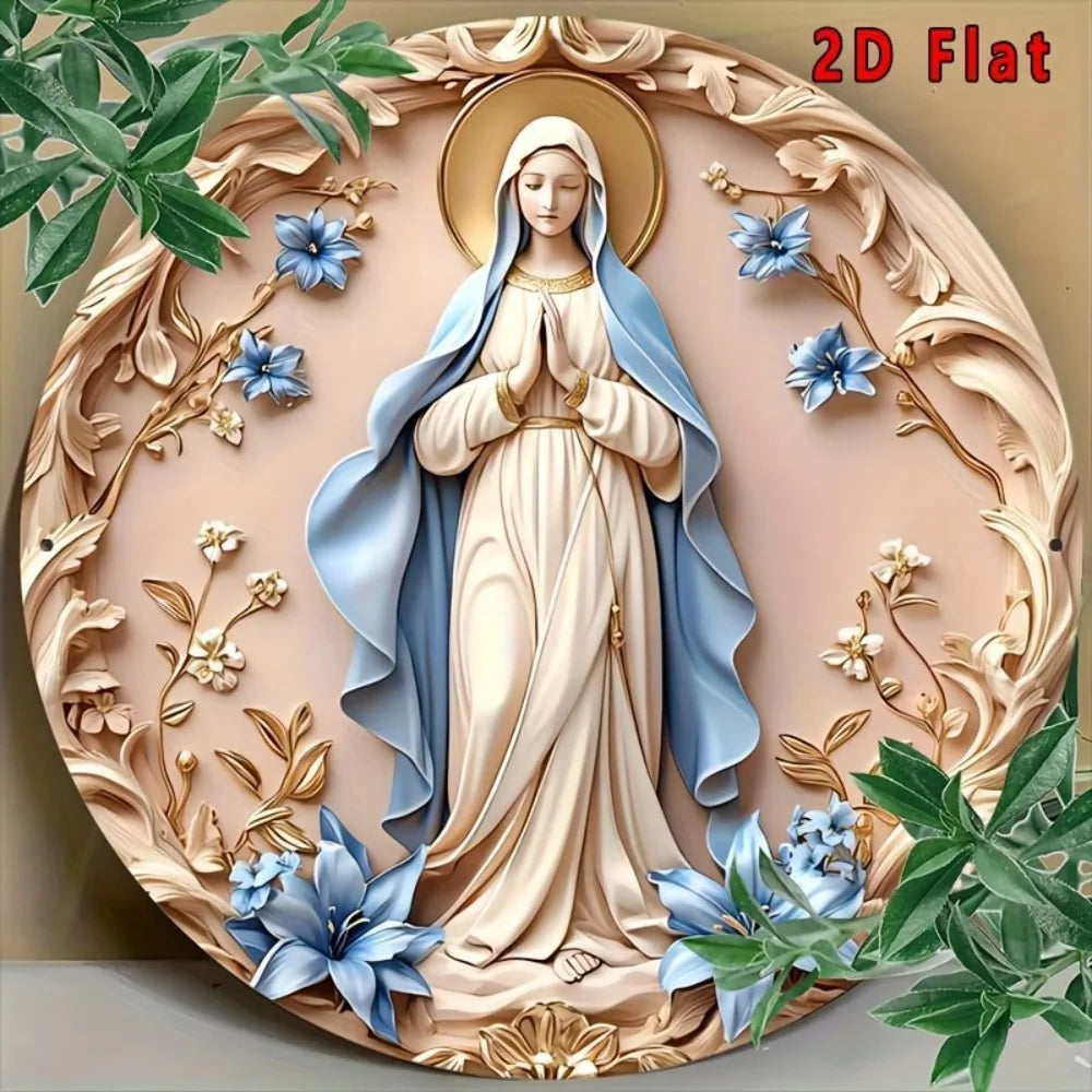 Decoración de pared de aluminio vintage de la Virgen María - Arte redondo de 8x8" con temática de María, regalo de Navidad para el hogar y la cocina
