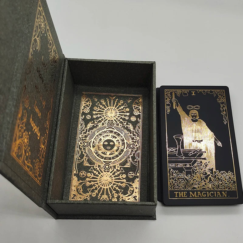 Nouvelle version Cartes de Tarot Noires Estampage à Chaud Feuille d'Or Jeu Oracle Rider en Plastique pour Débutants et Collectionneurs