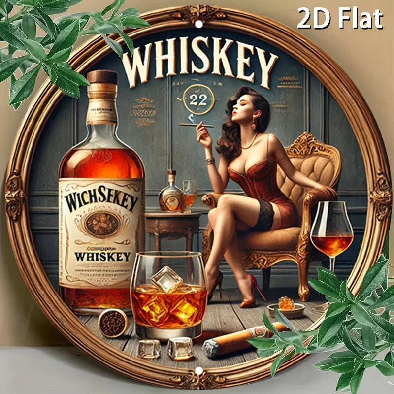 1 letrero de metal redondo vintage con temática de whisky - Diseño de logotipo inspirado en mujer del whisky y James Bond, arte de whisky escocés y bourbon