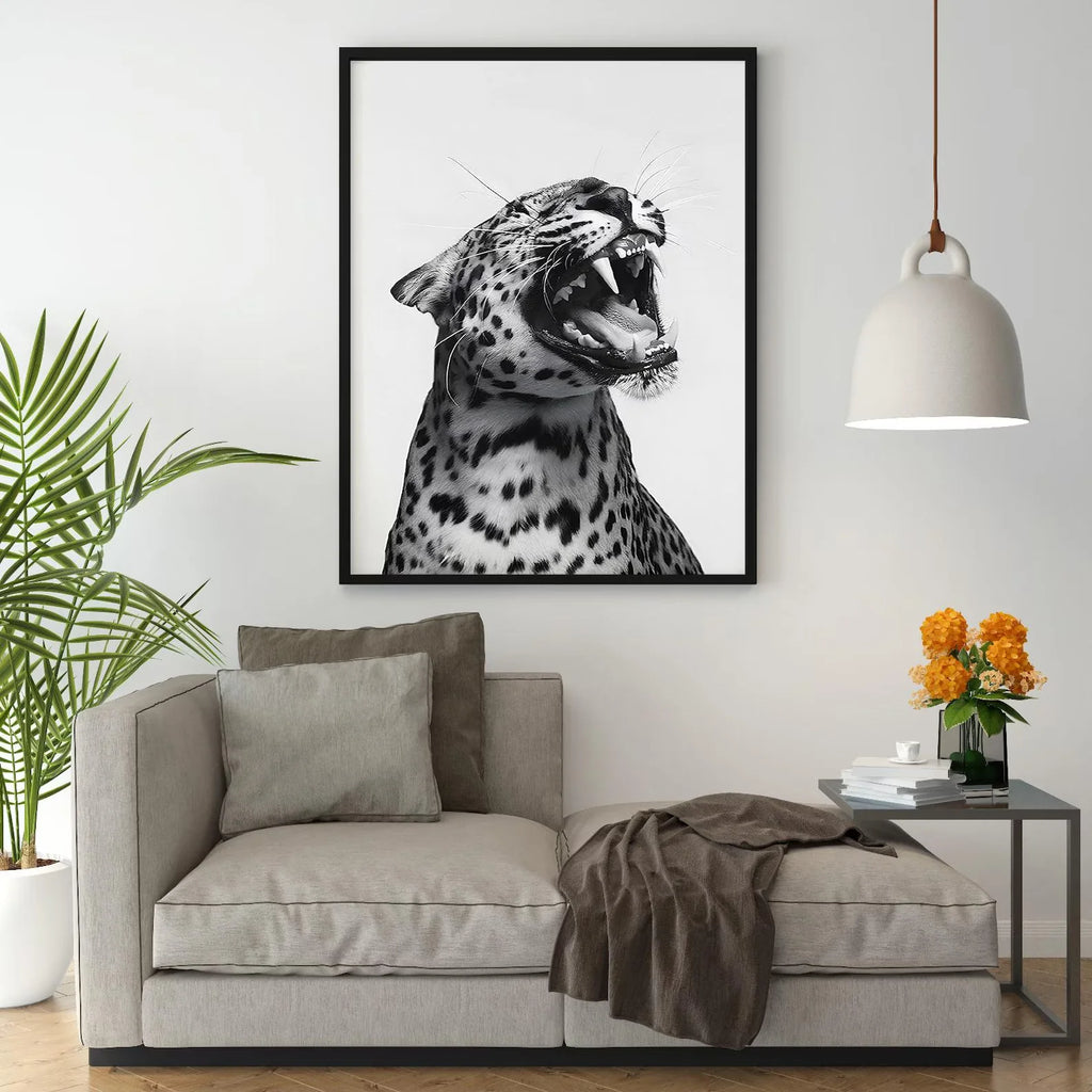 Lámina de Arte de Pared con Estilo Moderno - Impresión de Leopardo Rugiente de Moda - Blanco y Negro - Decoración del Hogar - Arte de Pared para Imprimir Descarga Digital