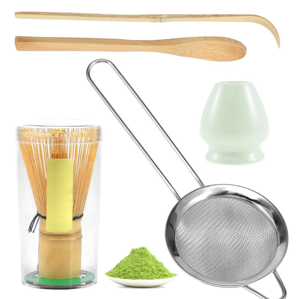 Juego de 5 Batidores de Matcha Japoneses, Batidor de Matcha de Bambú, Cuchara Tradicional para Té, Cuchara Profunda, Colador de Té de Acero Inoxidable para Amantes del Té