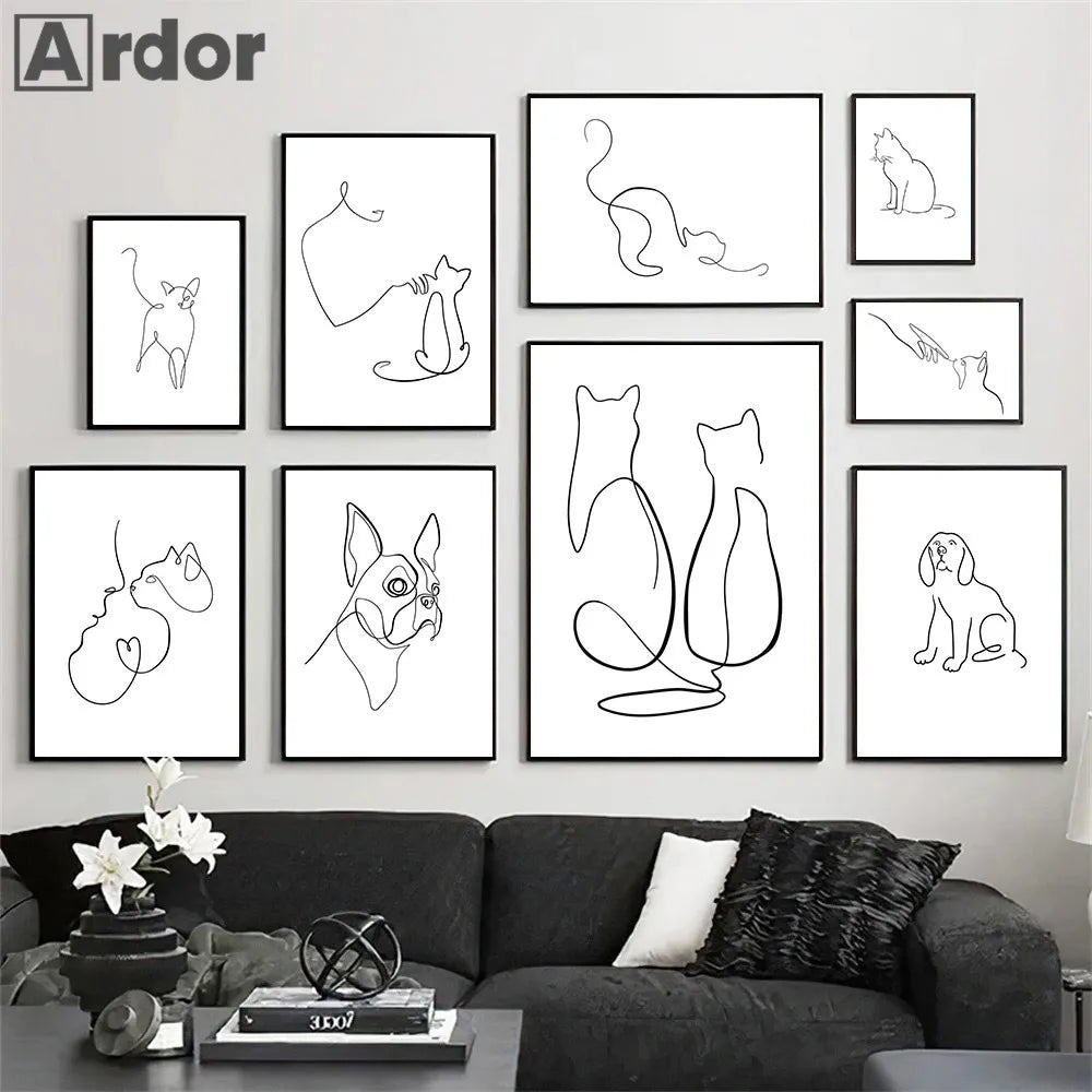 Affiche Chien Chat Abstrait Toile Peinture Dessin au Trait Affiche Murale Noir Blanc Minimaliste Impressions d'Art Nordique Image Décoration Maison