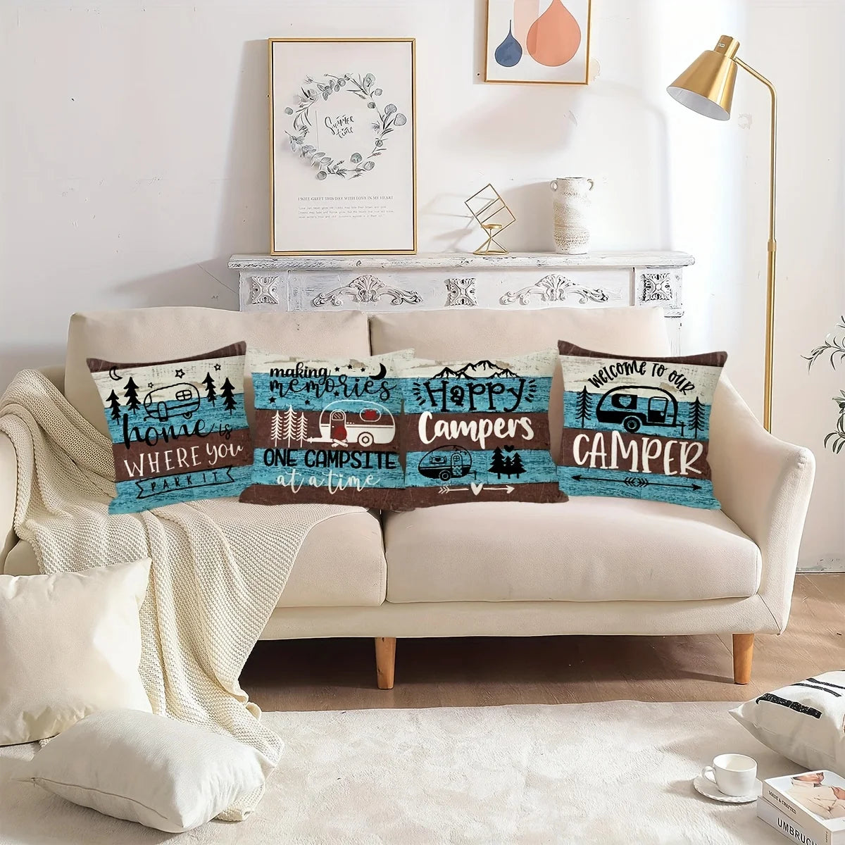VIKAMA Funda de almohada con temática de camping, funda de cojín decorativa estilo campestre, para sofás, caravanas, campamentos, decoración del hogar del dormitorio