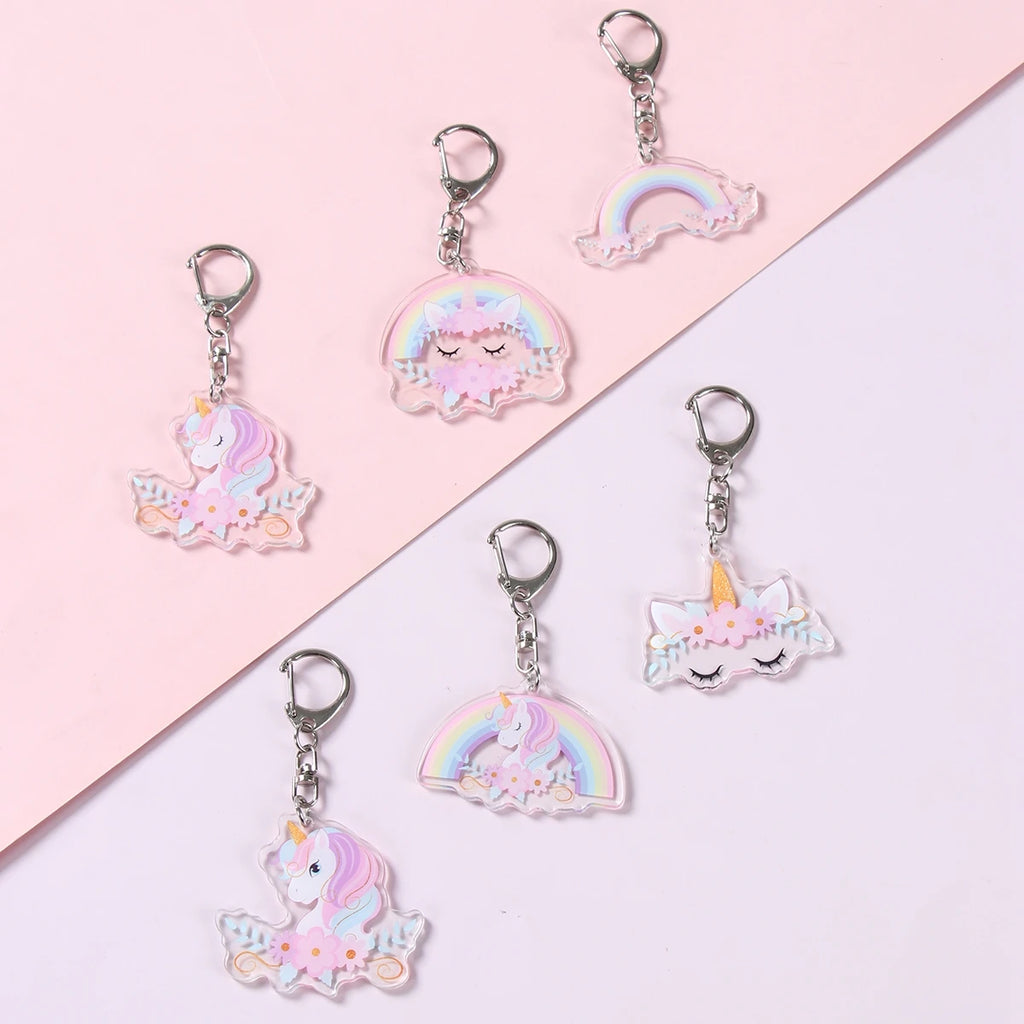 6 colgantes acrílicos de llavero de unicornio arcoíris, decoración de fiesta de cumpleaños de unicornio, regalos para niños, baby shower, recuerdos de boda