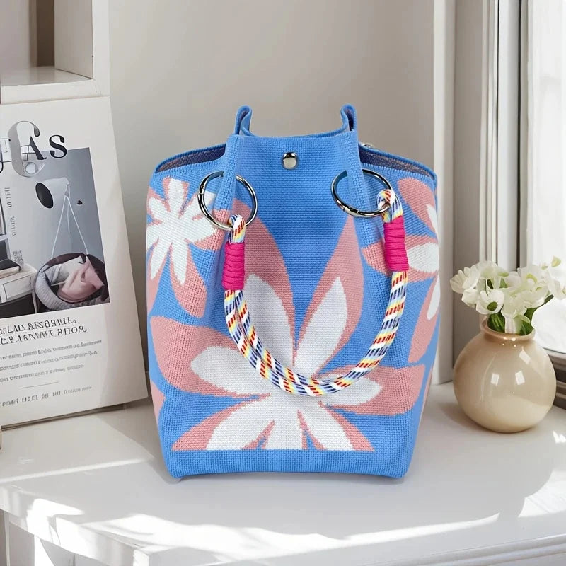 Bolso tote de punto vintage floral para mujer, bolsa de almacenamiento ligera con correas ajustables y anillos de metal, cierre de broche para viajes casuales
