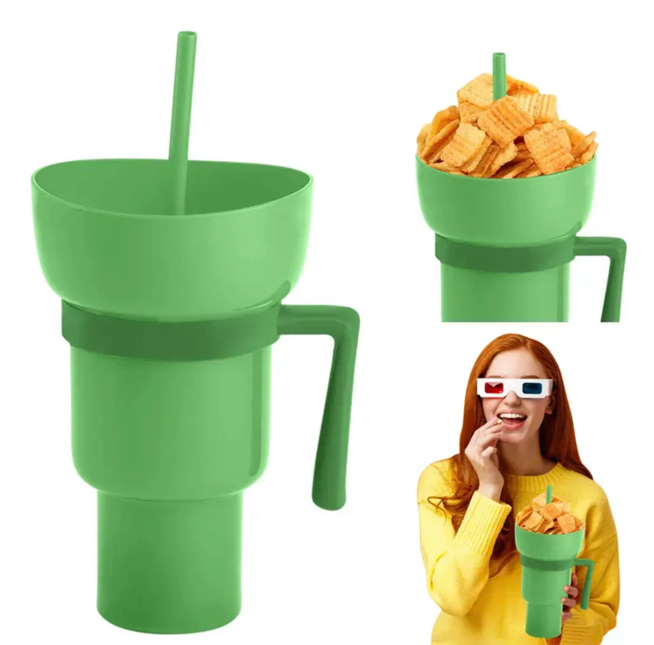 Nouvelle tasse à collation 2 EN 1 créative pour pop-corn, tasse à boisson intégrée avec poignée, tasse à boisson portable, design novateur et nombreuses fonctions