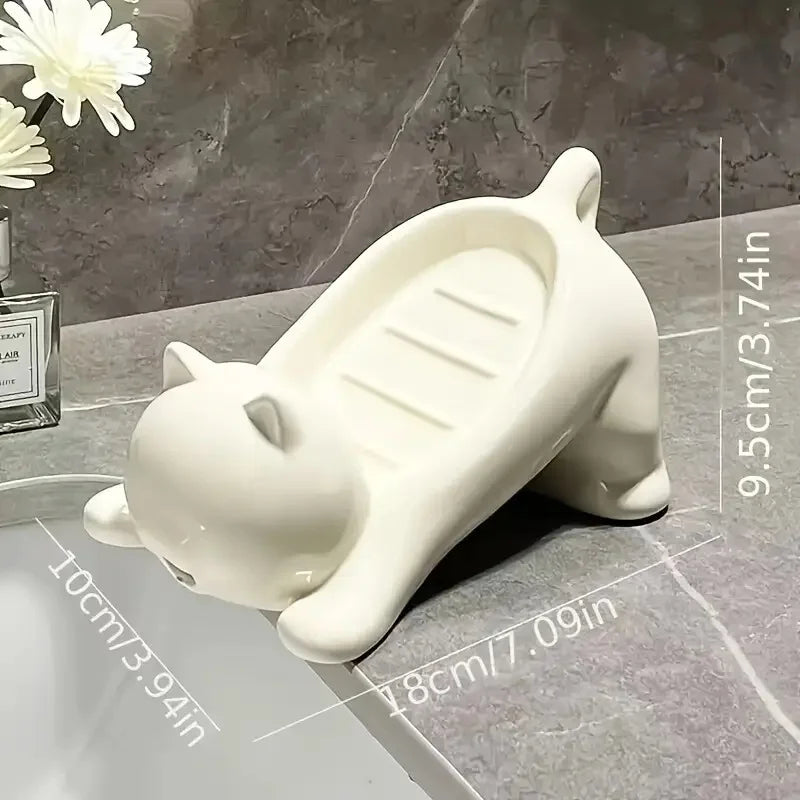 Porte-savon mignon en forme de chat de dessin animé avec drainage, support en plastique pour salle de bain, idéal pour le rangement de savon et d'éponges, porte-savon décoratif