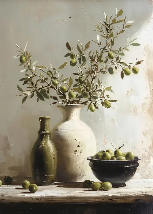 Jarrón de flores de naturaleza muerta, decoración de pared de pintura botánica vintage, jarrones antiguos vintage, impresiones estéticas, pintura de lienzo de olivo
