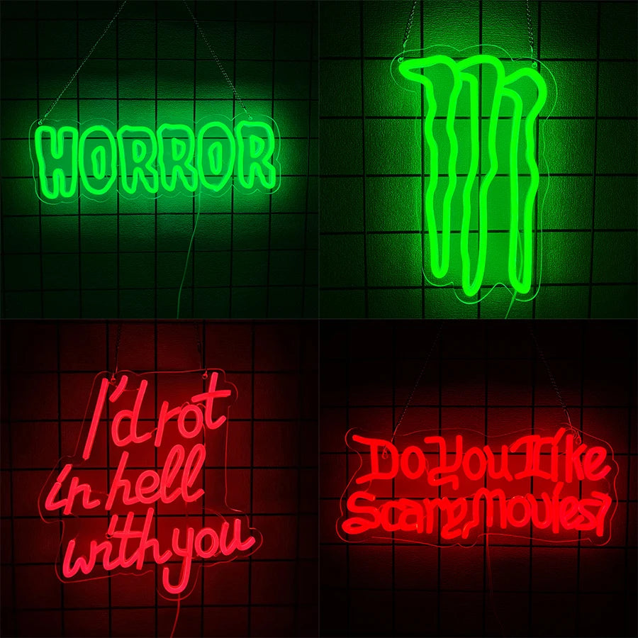 Enseignes néon thème Halloween, icônes de lettres LED, utilisées pour la chambre, le cinéma d'horreur, l'aventure de la maison hantée, la décoration murale de bar, de club.