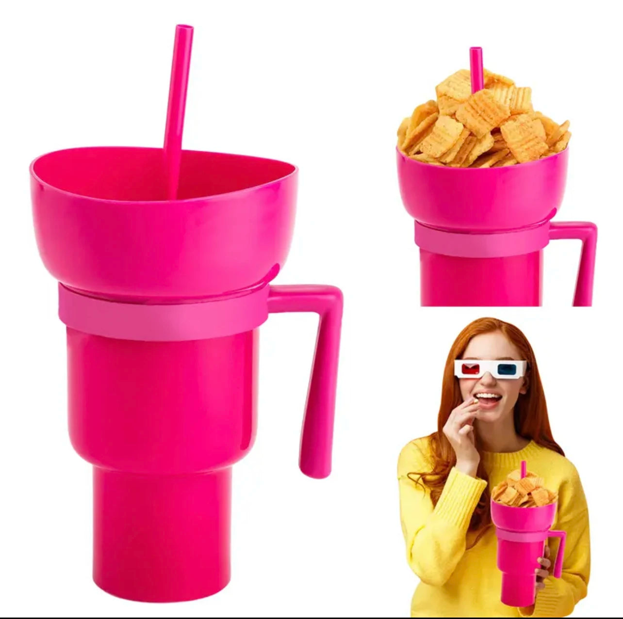 Nouvelle tasse à collation 2 EN 1 créative pour pop-corn, tasse à boisson intégrée avec poignée, tasse à boisson portable, design novateur et nombreuses fonctions