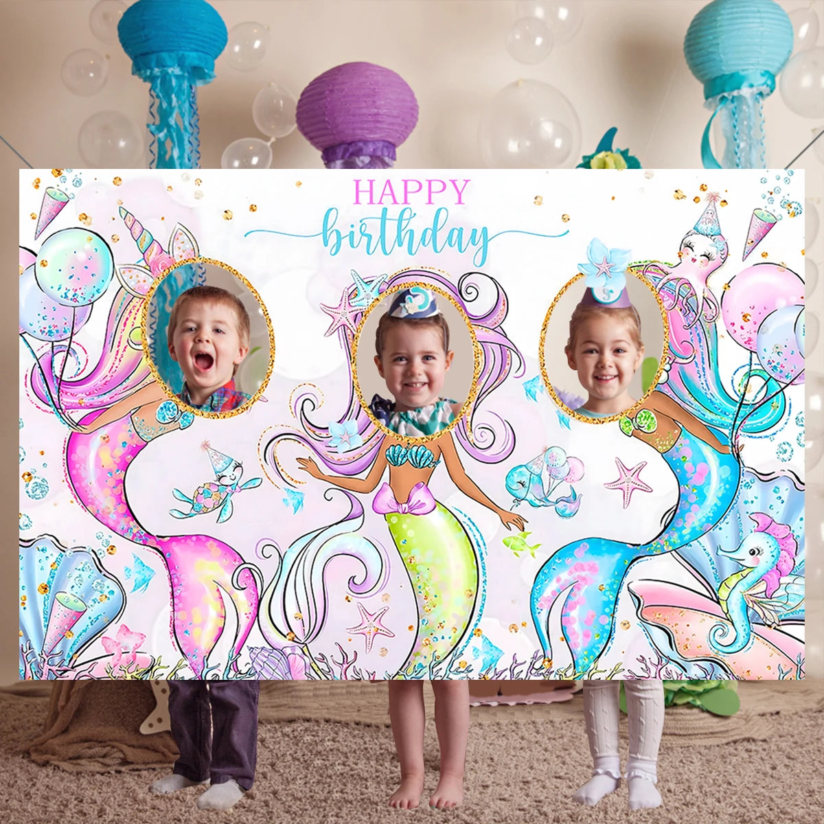 Marco de fotos de sirena Fondo de cola de sirenita Decoración de fiesta de cumpleaños para niñas Suministros de telón de fondo para fiesta de baby shower
