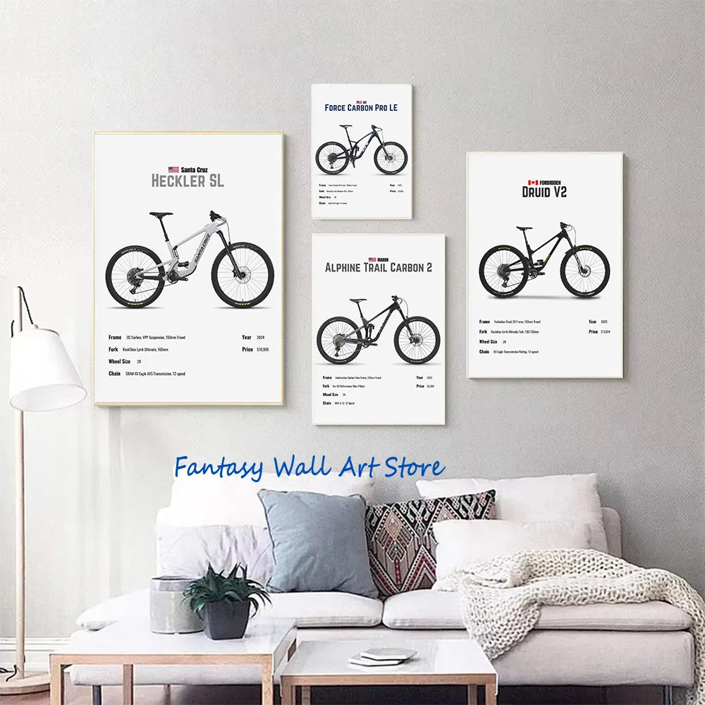 Bicicleta de Montaña de Lujo, Bicicleta Famosa, Parámetros, Póster Minimalista, Cuadro en Lienzo, Imágenes de Pared, Decoración para el Hogar, Regalos para Amantes de las Bicicletas