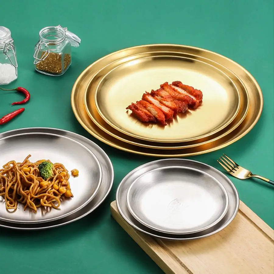 Bandeja para platos, bandeja de comedor, plato para bistec, plato para barbacoa, plato redondo de acero inoxidable coreano para barbacoa