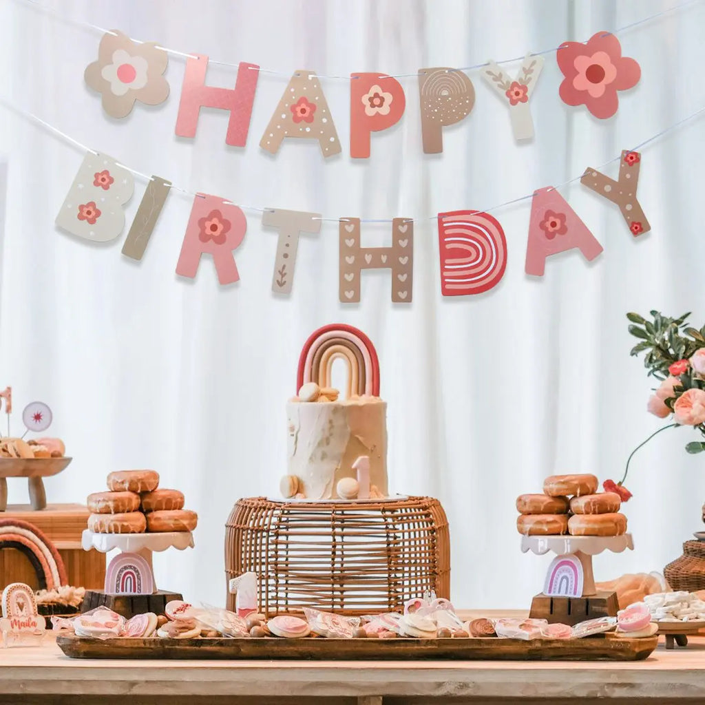 INS Bohemio Boho Arco Iris Pancarta de Papel Feliz Cumpleaños Decoraciones Fiesta Niña Niños Baby Shower 1er Cumpleaños Suministros Bandera Colgante