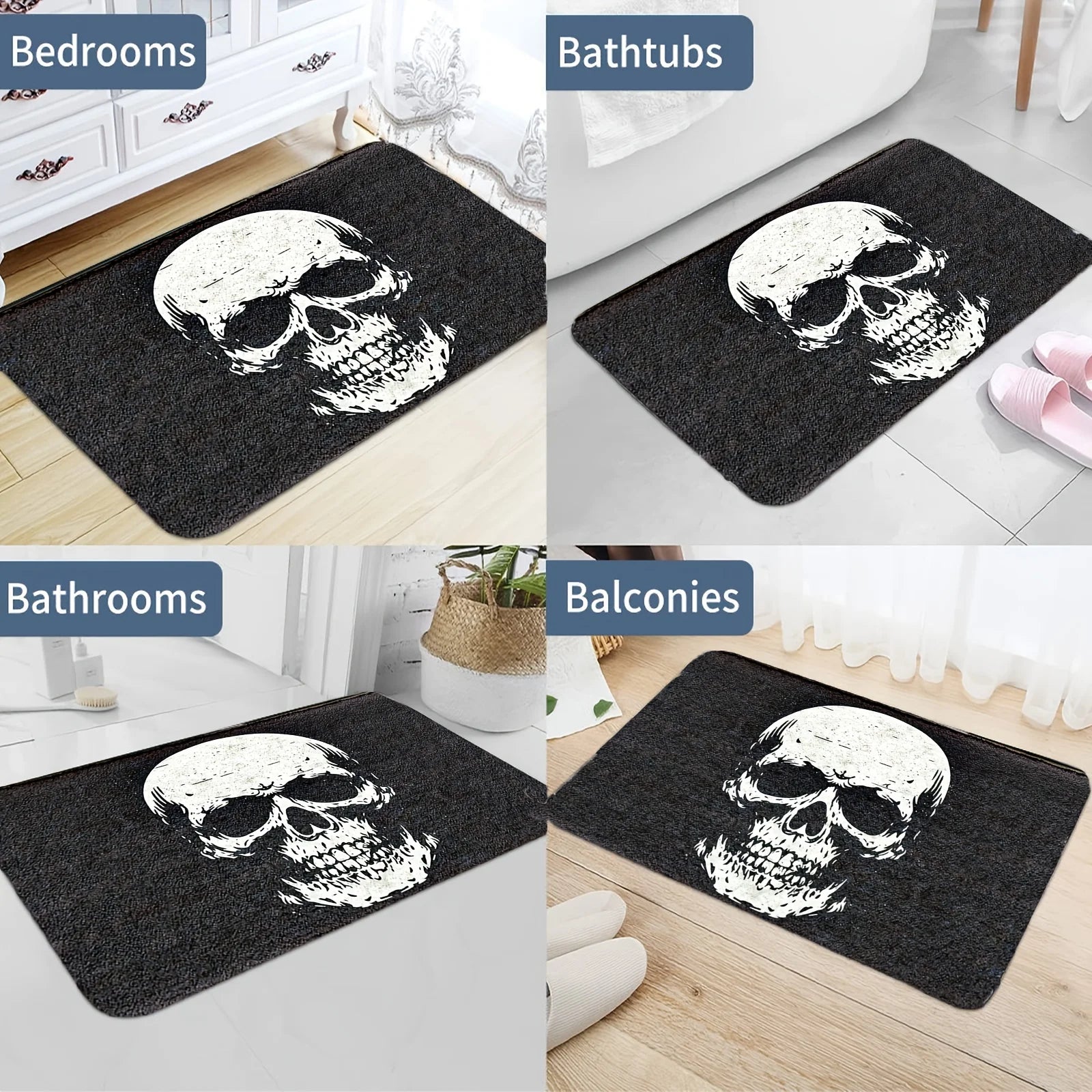 VIKAMA Tapis de sol d'Halloween à motif de crâne, pour salon, chambre à coucher, noir, anti-salissure, résistant à la saleté