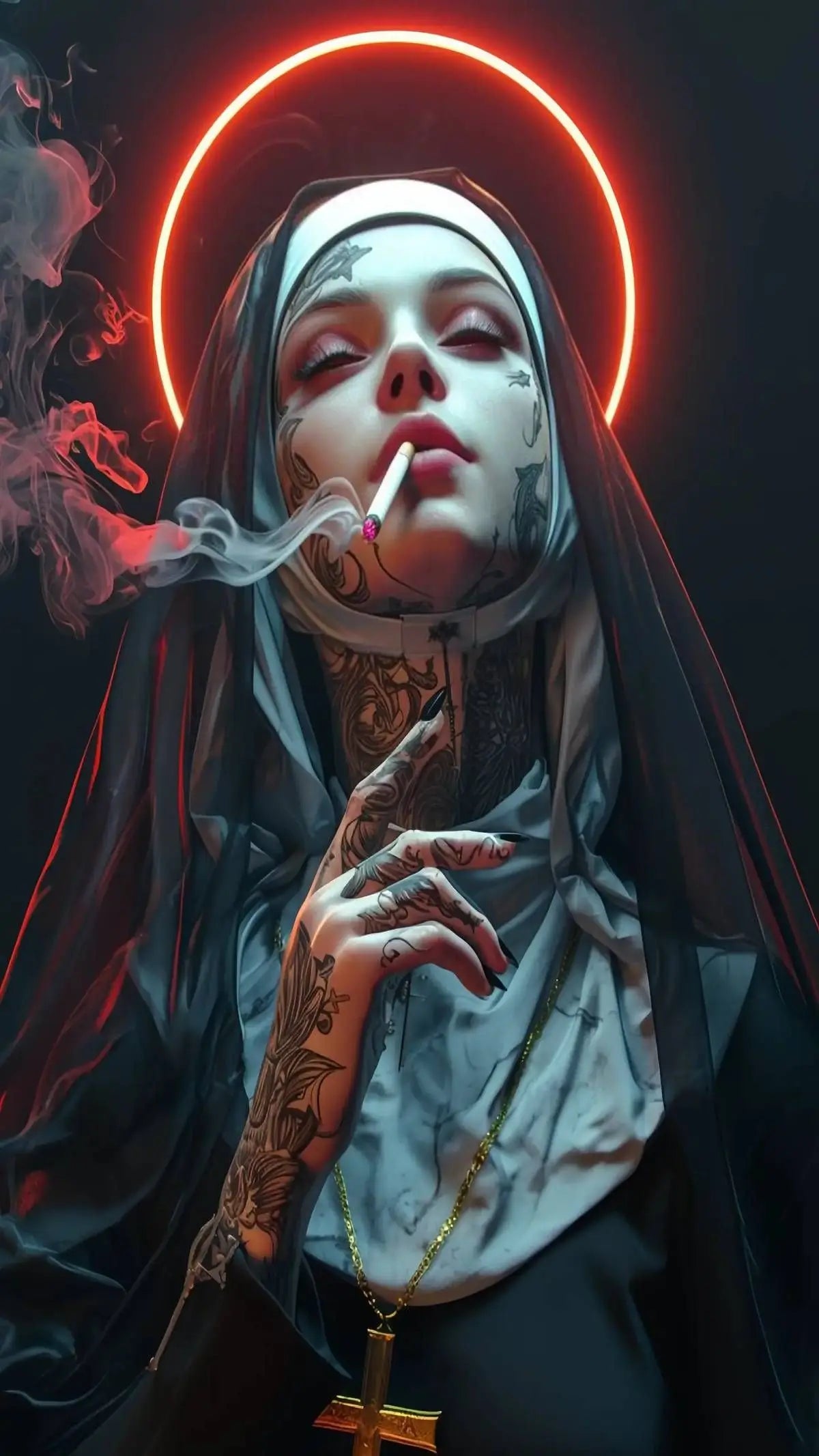 Póster de Monja con Ametralladora Tatuada Sexy, Estampado de Monja Cristiana Fumando, Lienzo para Sala de Estar, Fondo de Pared, Decoración del Hogar