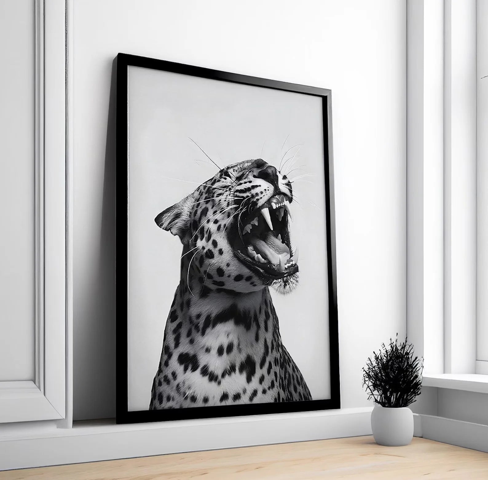 Lámina de Arte de Pared con Estilo Moderno - Impresión de Leopardo Rugiente de Moda - Blanco y Negro - Decoración del Hogar - Arte de Pared para Imprimir Descarga Digital