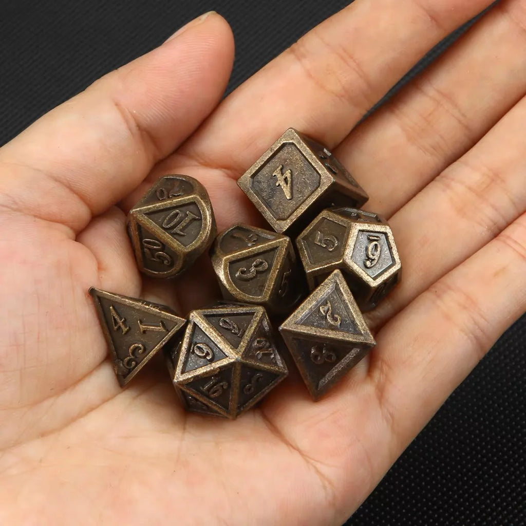 Juego de dados poliédricos metálicos DND de 7 piezas de bronce para juegos de rol calabozos y dragones DND RPG MTG D20 D12 D10 D8 D6 D4 juego de mesa