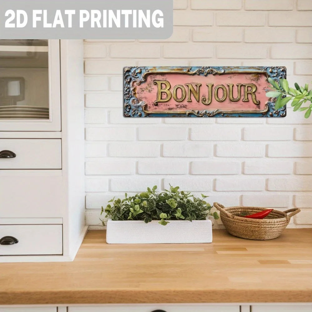 Cartel de madera vintage francés "Bonjour" - Decoración floral parisina para cafetería de 5x16", arte para sala de estar o dormitorio