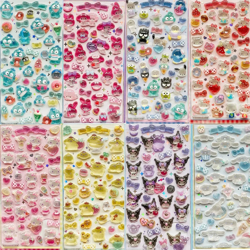 3D Sanrio Hellokitty Kuromi Cinnamoroll Stickers Cute Anime Transparent Jelly Crystal Decorative Sticker Phone Case DIY Kids Toy