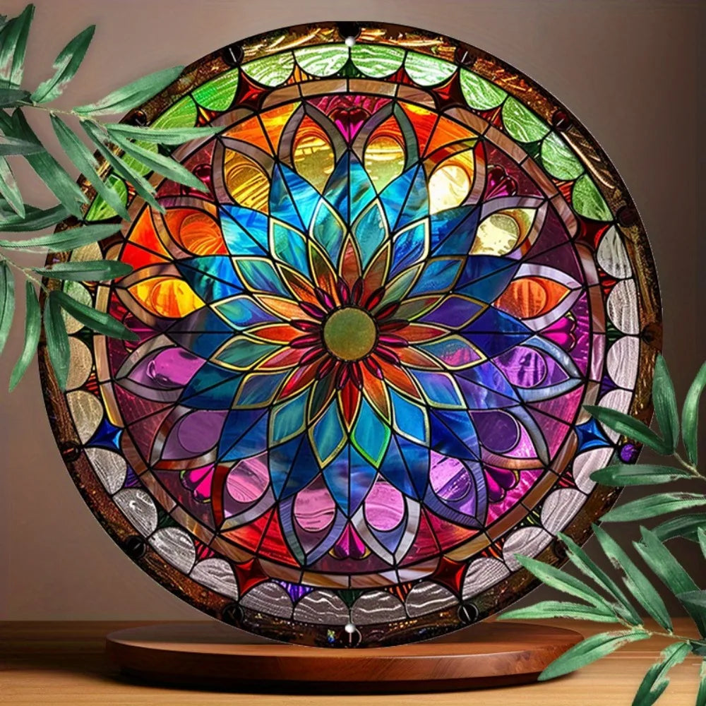 Pancarte Ronde en Aluminium Mandala 8" - Décoration Murale Résistante aux UV et Imperméable, Art Nouveau pour Salon et Patio