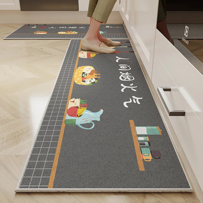 VIKAMA Alfombra de cocina de terciopelo de cristal de 1/2 pieza con diseño de dibujos animados, fácil de manejar, larga, resistente a la suciedad y antideslizante
