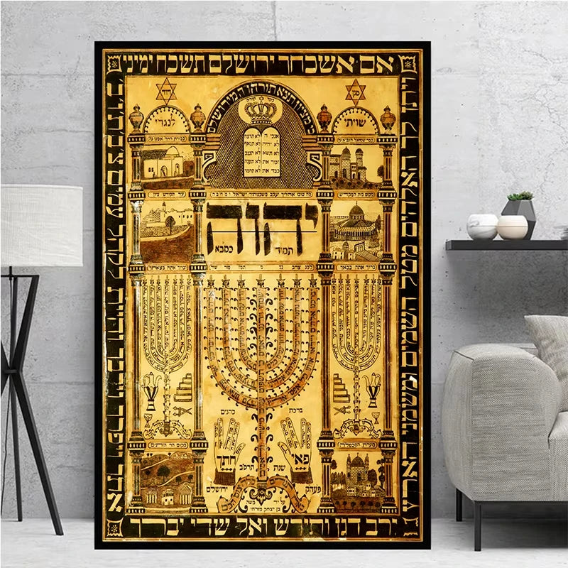 Plaque Print Kabbalah Amulet Hebrew Talisman Poster Home Blessing Protection Vintage Jewish Canvas Painting Decoration