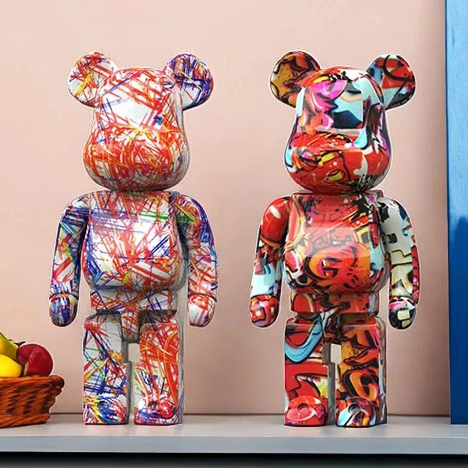 27cm/10 pouces Figurine d'ours Graffiti Décoration d'intérieur Animal Ornement Abstrait Pot de rangement d'argent Sculpture de chambre moderne Décor de table