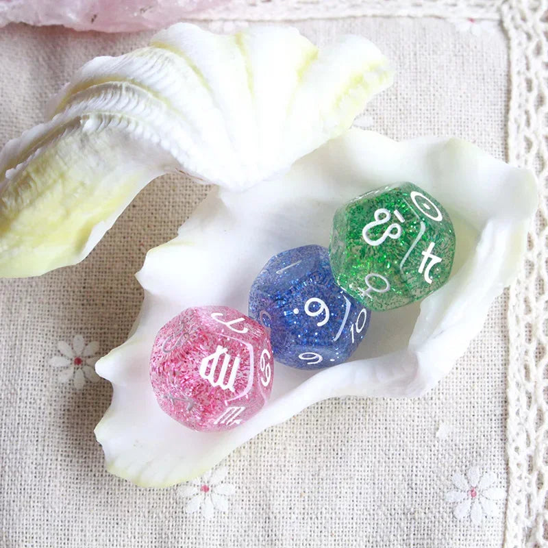 Jeu de 3 dés de 22*22mm à 12 faces, en perle/transparent, signes astrologiques du zodiaque, pour la divination des constellations