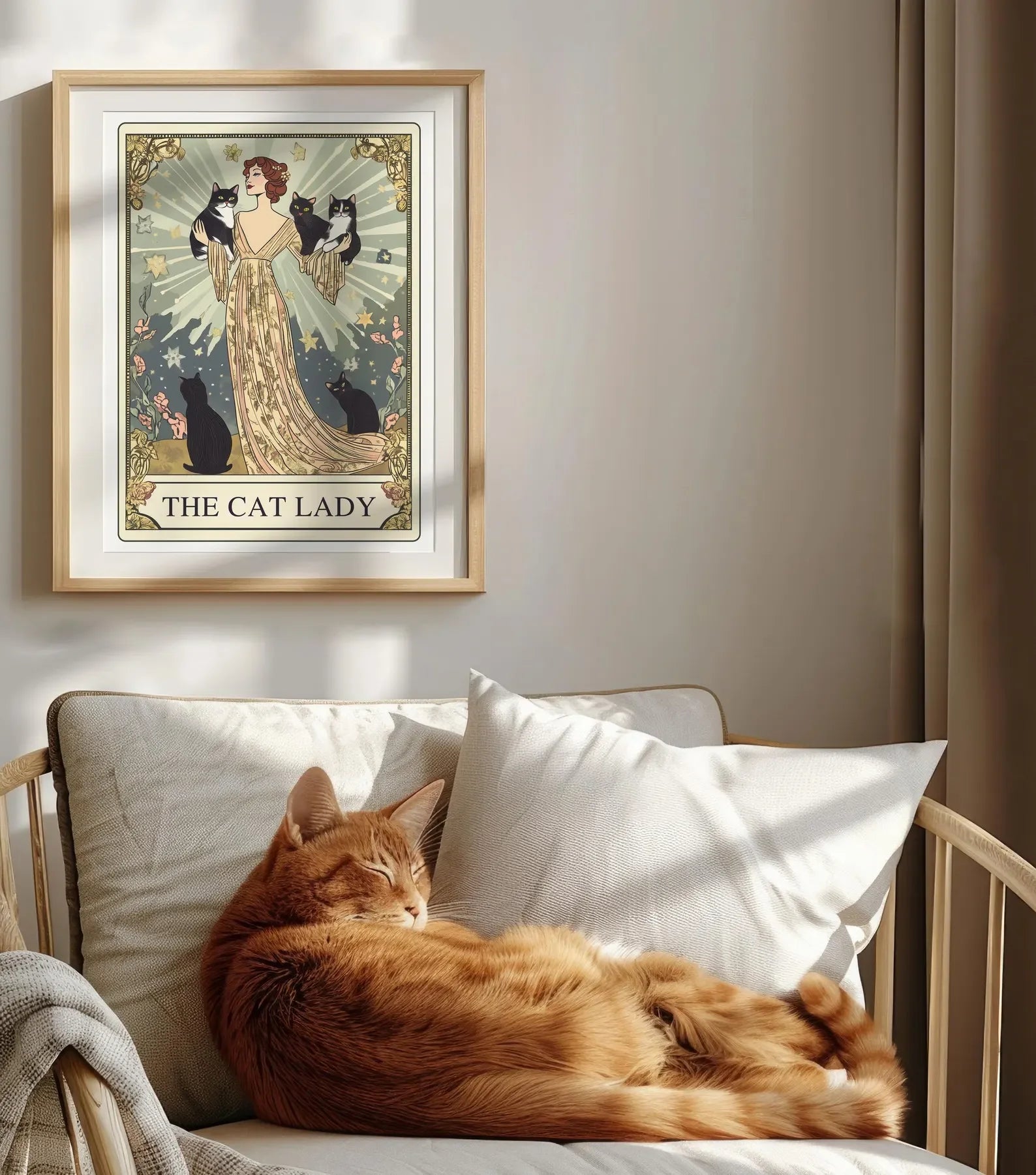 Lámina de Tarot La Dama Gata, Arte de Pared Modernista para Amantes de los Gatos, Póster Vintage de Gatos, Regalo para Mamá Gata, Lámina de Gato Única, Decoración de Apartamento