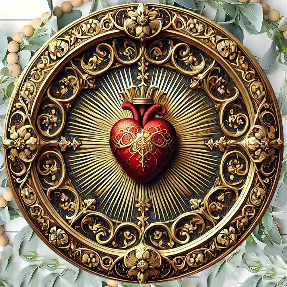 Arte de Pared Vintage del Sagrado Corazón de Aluminio - Decoración Religiosa Dorada y Roja, Arte Espiritual para el Hogar u Oficina