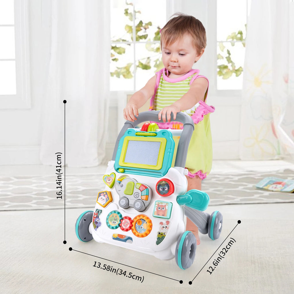 Cartoon Baby Push Walker Toy with Drawing Board Music Multifunction Activity Infant Learning Walk for 6-15 Months Toddler Walker