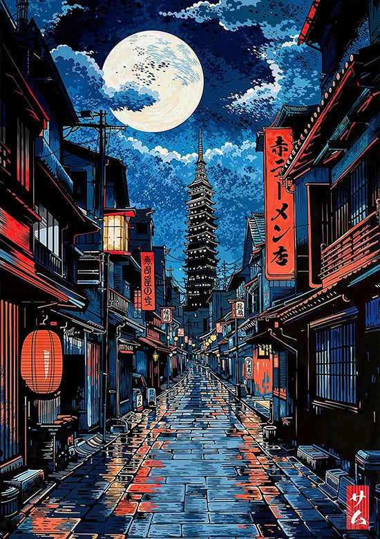 Tokio Paisaje Anime Ilustración Lámina Póster Escena Nocturna Japonesa Fuji Estilo Pintura Vintage Arte Decorativo Lienzo Arte de Pared Retro