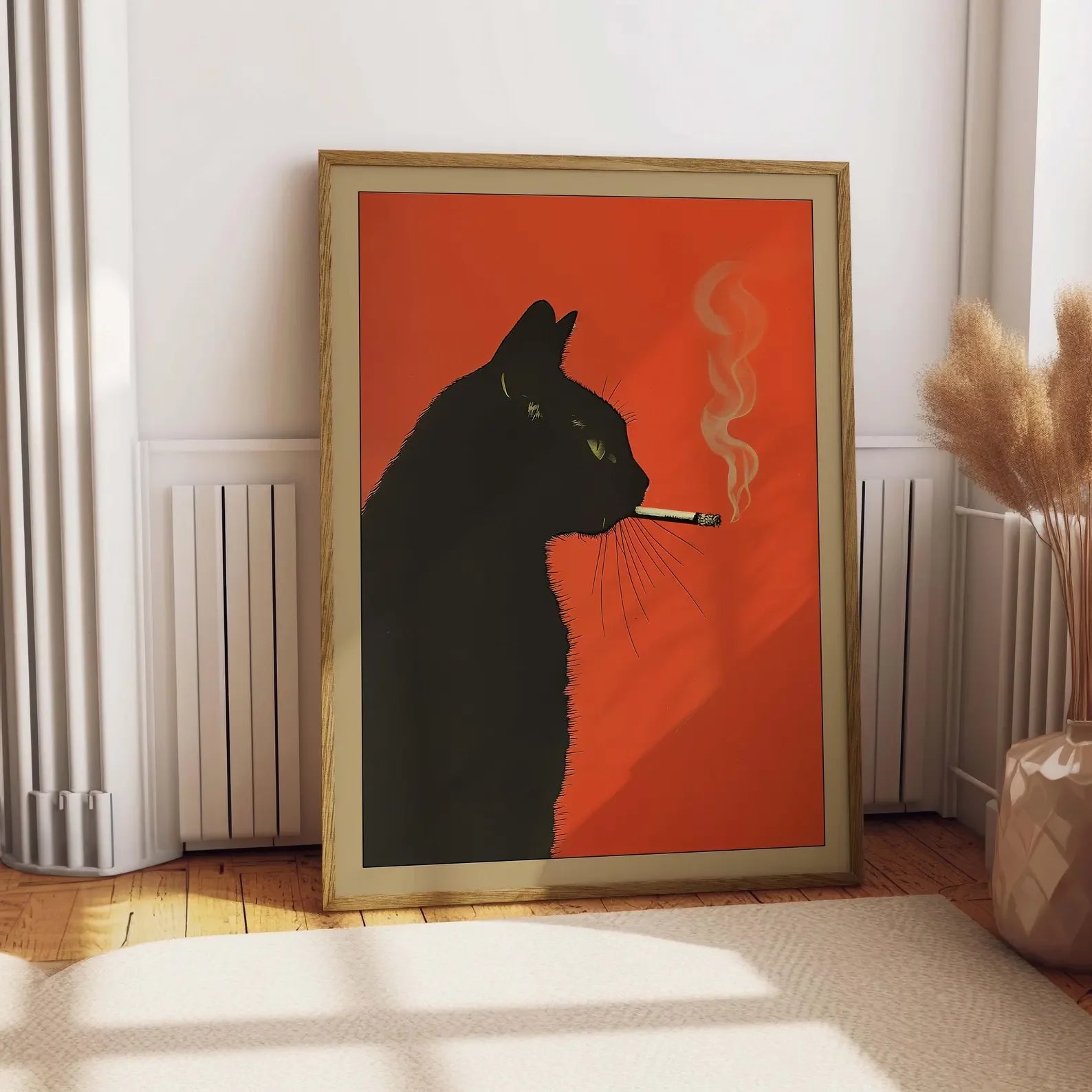 Black Cat Smoking a Cigarette Vintage Poster Art Retro Whimsical Print Funny Animal Wall Decor Poster for Bar Cart Quirky Kitche