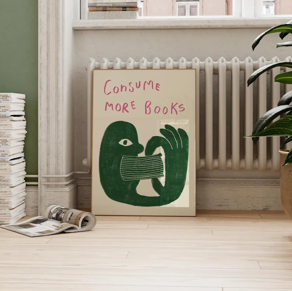 Décoration murale rétro en forme de livre, cadeau pour les amoureux des livres, impression murale d'illustration dessinée à la main, "Consommez plus de livres", impression, littérature sympa.