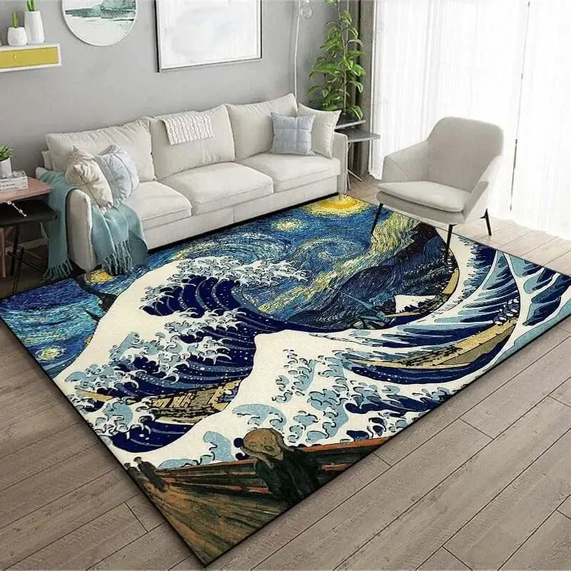 VIKAMA Alfombra de estilo japonés Ukiyo-e para vestíbulo, alfombrilla para balcón, cocina, sala de estar, dormitorio con motivo de la Gran Ola de Kanagawa