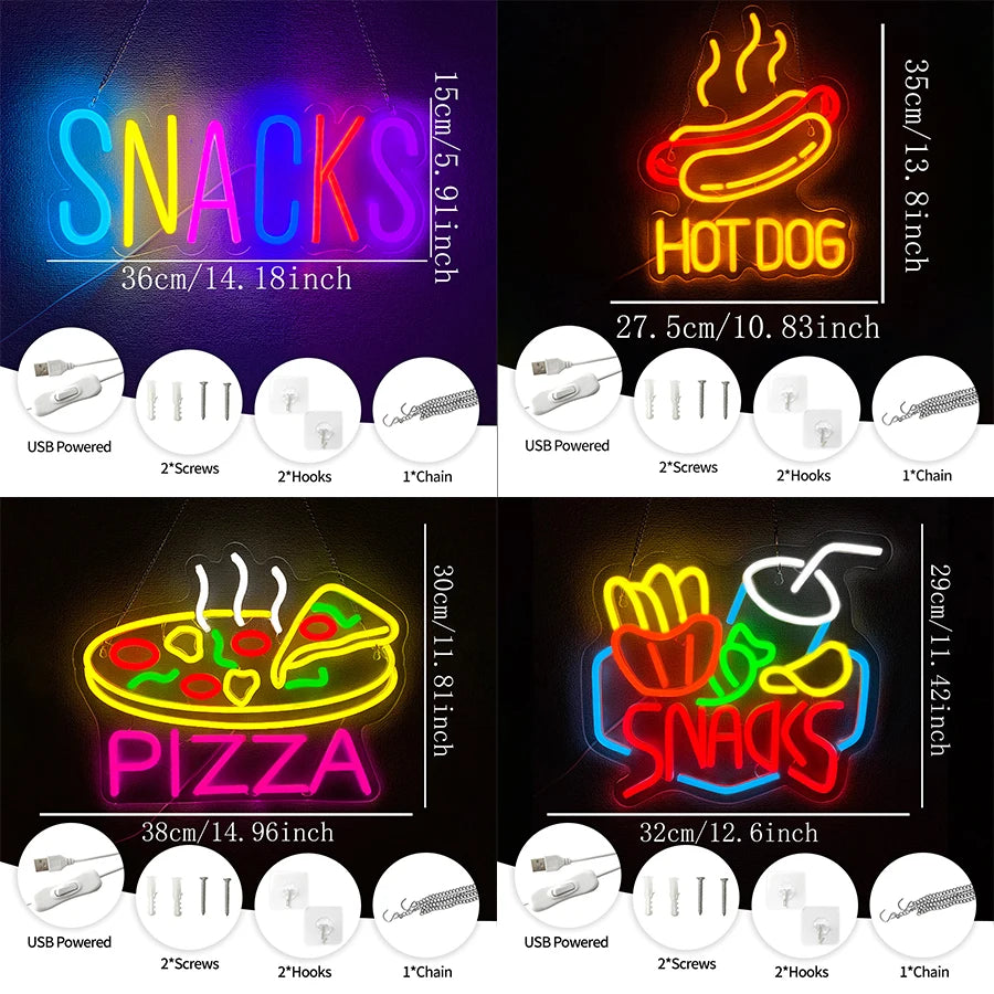 Letreros de neón de comida rápida, iconos de comida de pizza y perritos calientes, alimentados por USB, utilizados para decoración de paredes de tiendas, cocinas, restaurantes de comida rápida.