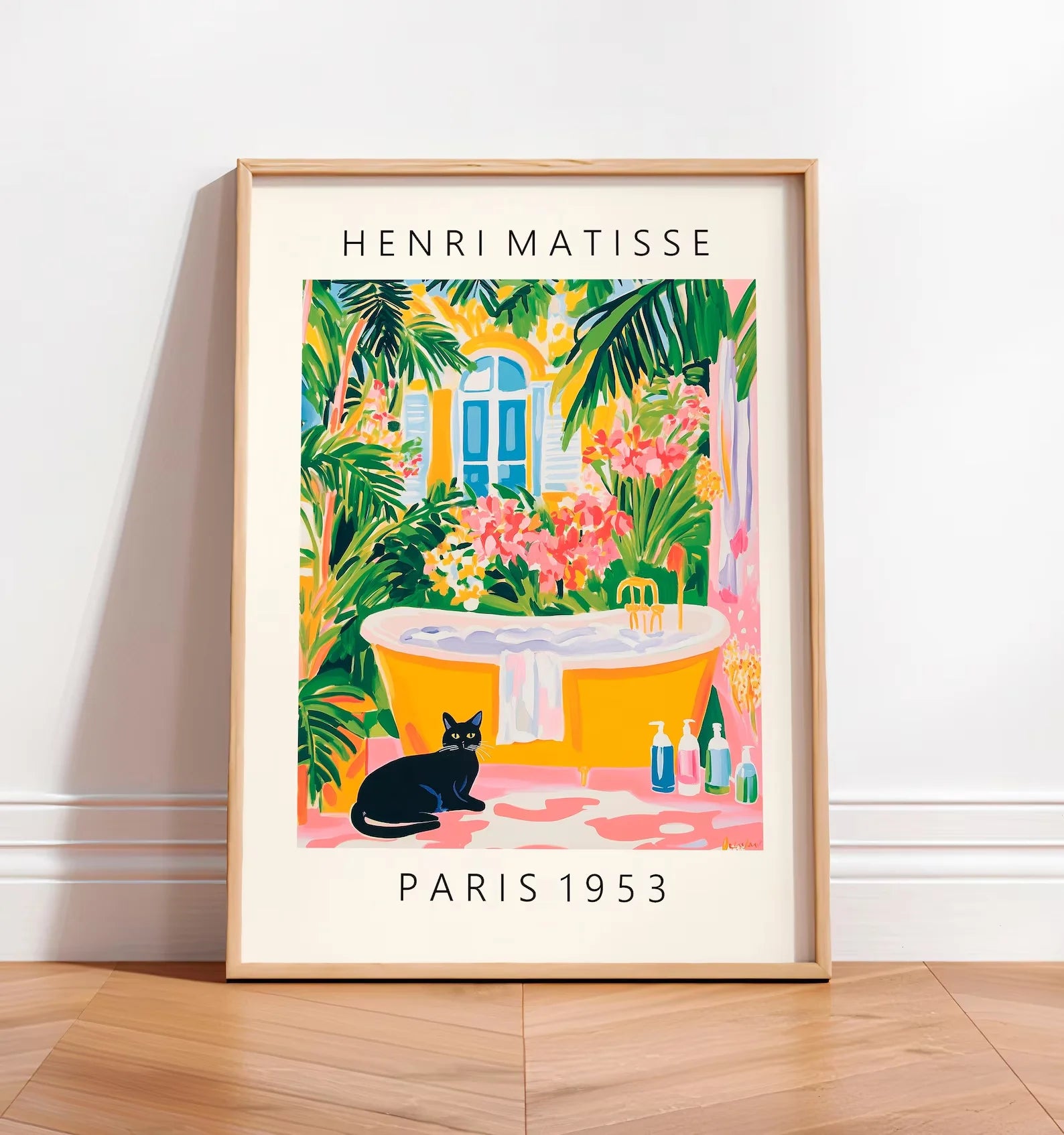 Black cat on toilet, Bathroom wall art, Matisse poster, Funny bathroom decor, Pink tropical decor