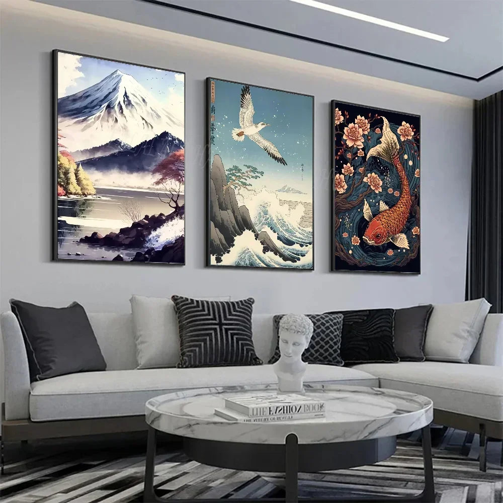 Póster Vintage Zen japonés con paisaje del Monte Fuji, peces Koi, póster HD, pósteres para decoración del hogar, habitación, bar, cafetería, pintura artística para pared