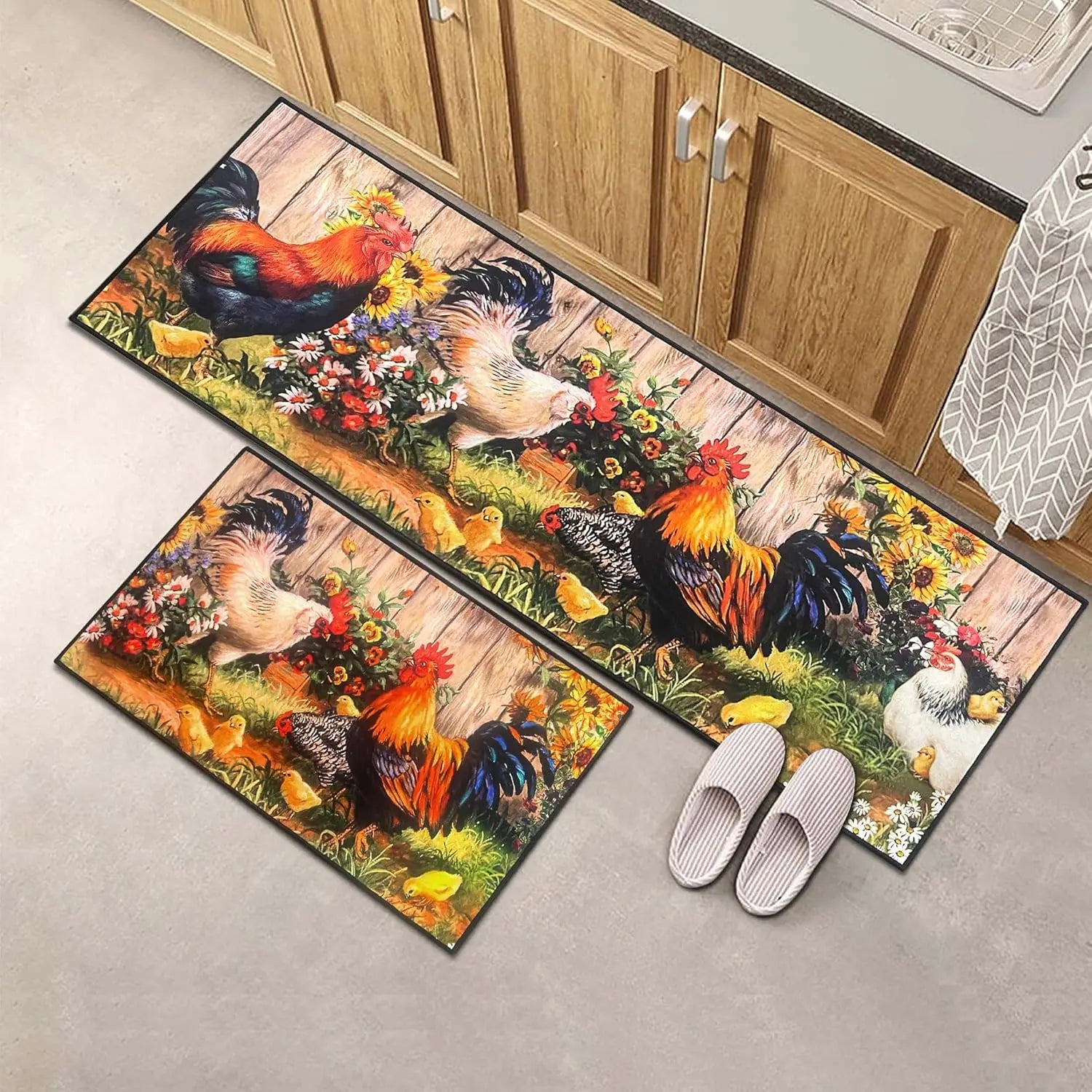 VIKAMA 1/2 piezas Alfombra de cocina con gallo para decoración del hogar, tapete decorativo de estilo rústico de granja, tapete antideslizante para pasillo
