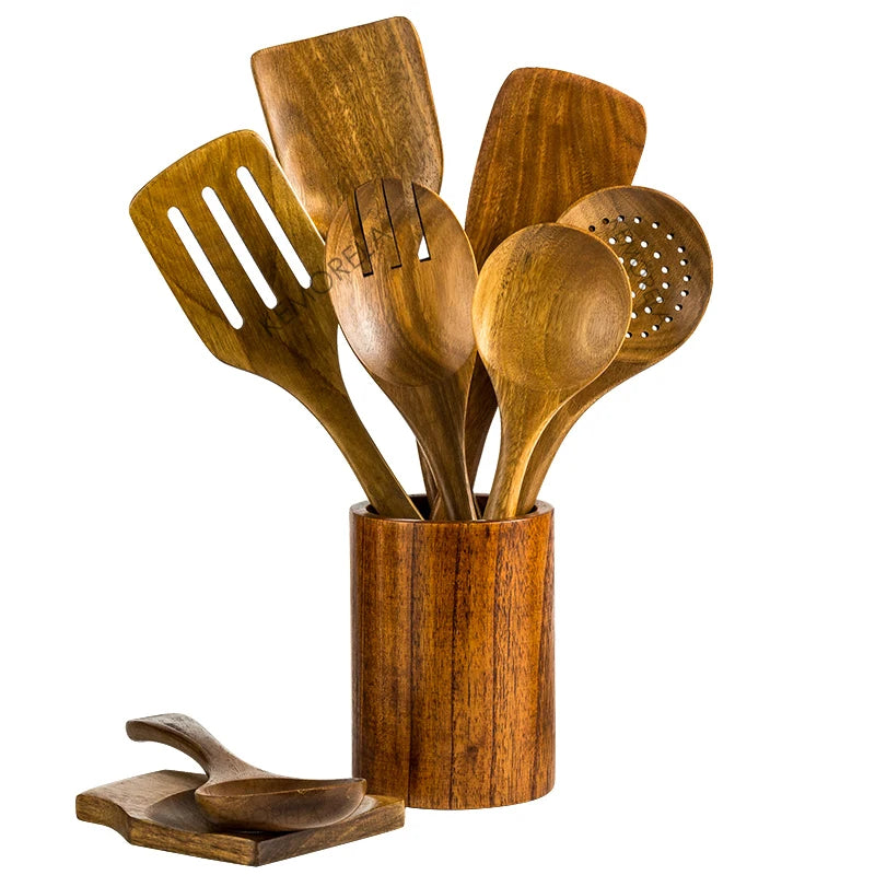 9 ustensiles de cuisine en bois, ensemble d'ustensiles de cuisine en teck avec support, cuillères en bois pour la cuisine