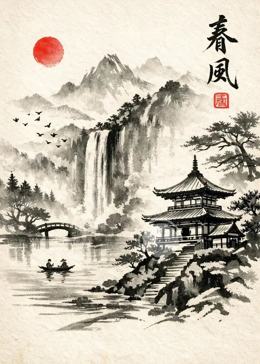 Tableau Paysage Peinture à l'Encre Japonaise Fleurs de Cerisier de Printemps Impression sur Toile Affiche Murale Style Asiatique pour Salon Décoration Maison Cadeau